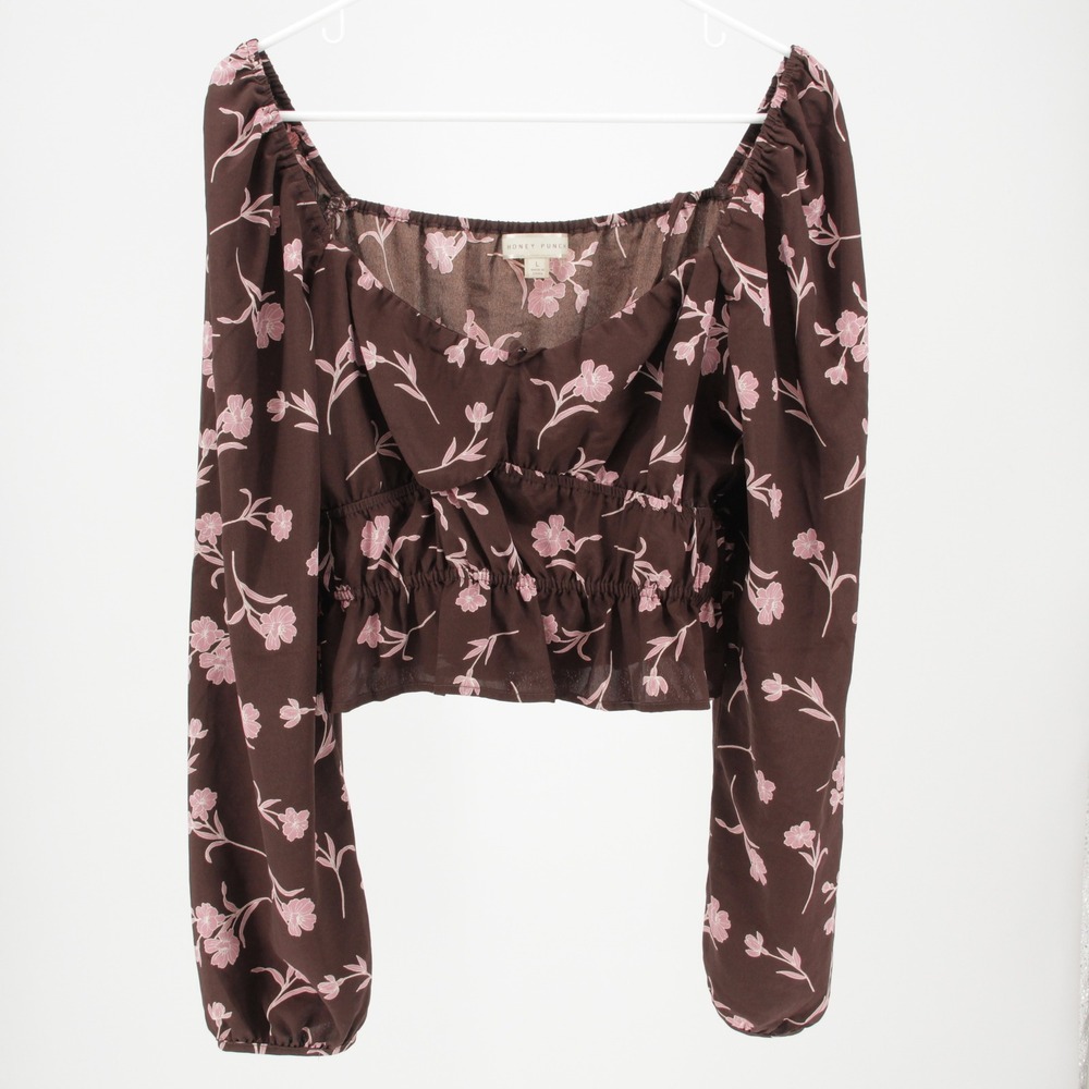 Honey‎ Punch Women's Brown Floral Smocked Long Sleeve Crop Top Size L
